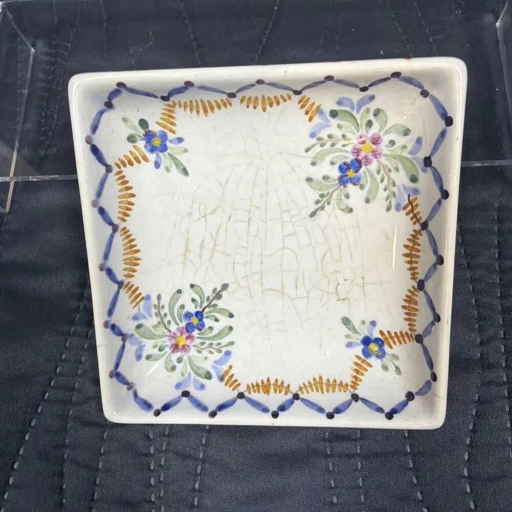 Vintage Portugal Hand Painted Floral Square Trinket Dish 4